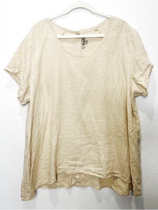 Flax Tops - Flax Linen Top 1G Natural Beige Button Back Short Sleeve Oversized Lagenlook